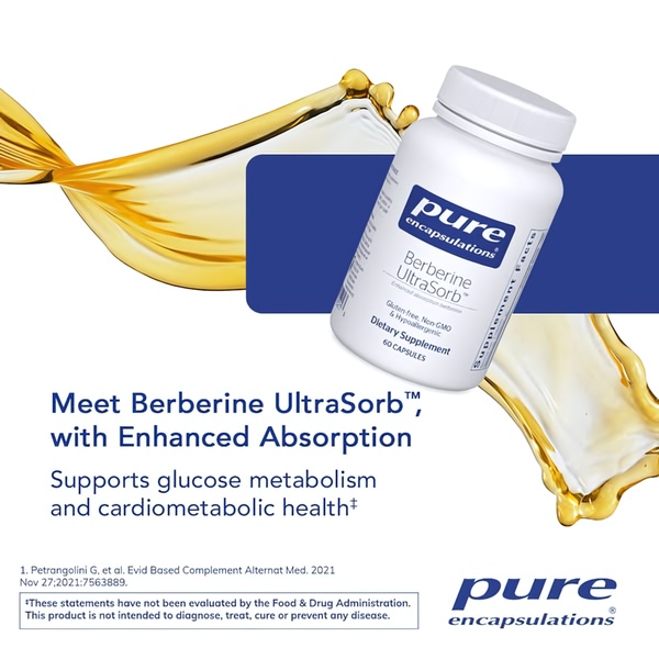 A clean, high-contrast product advertisement for Berberine UltraSorb showcasing fluid motion imagery to suggest purity and absorption.